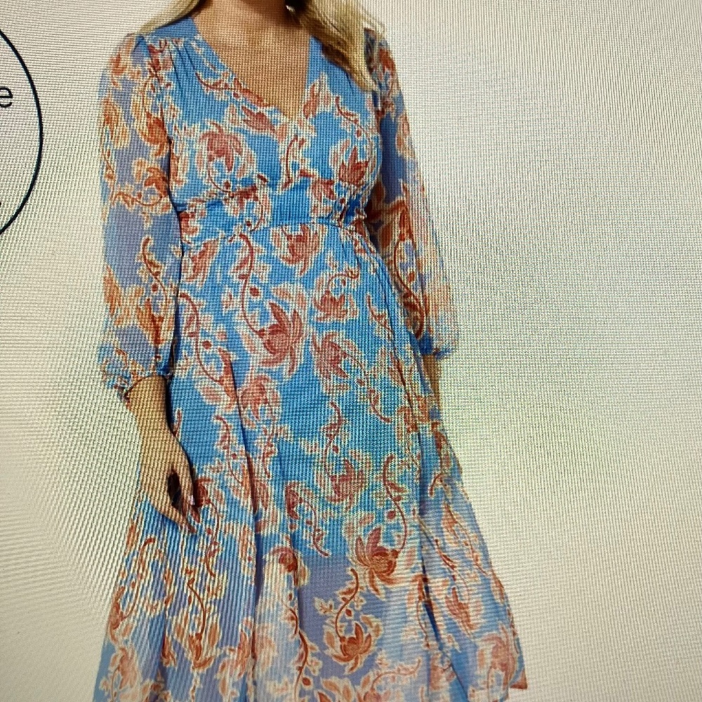 NWT JESSICA SIMPSON blue floral CHIFFON VNECK LONG SLEEVE DRESS SMALL